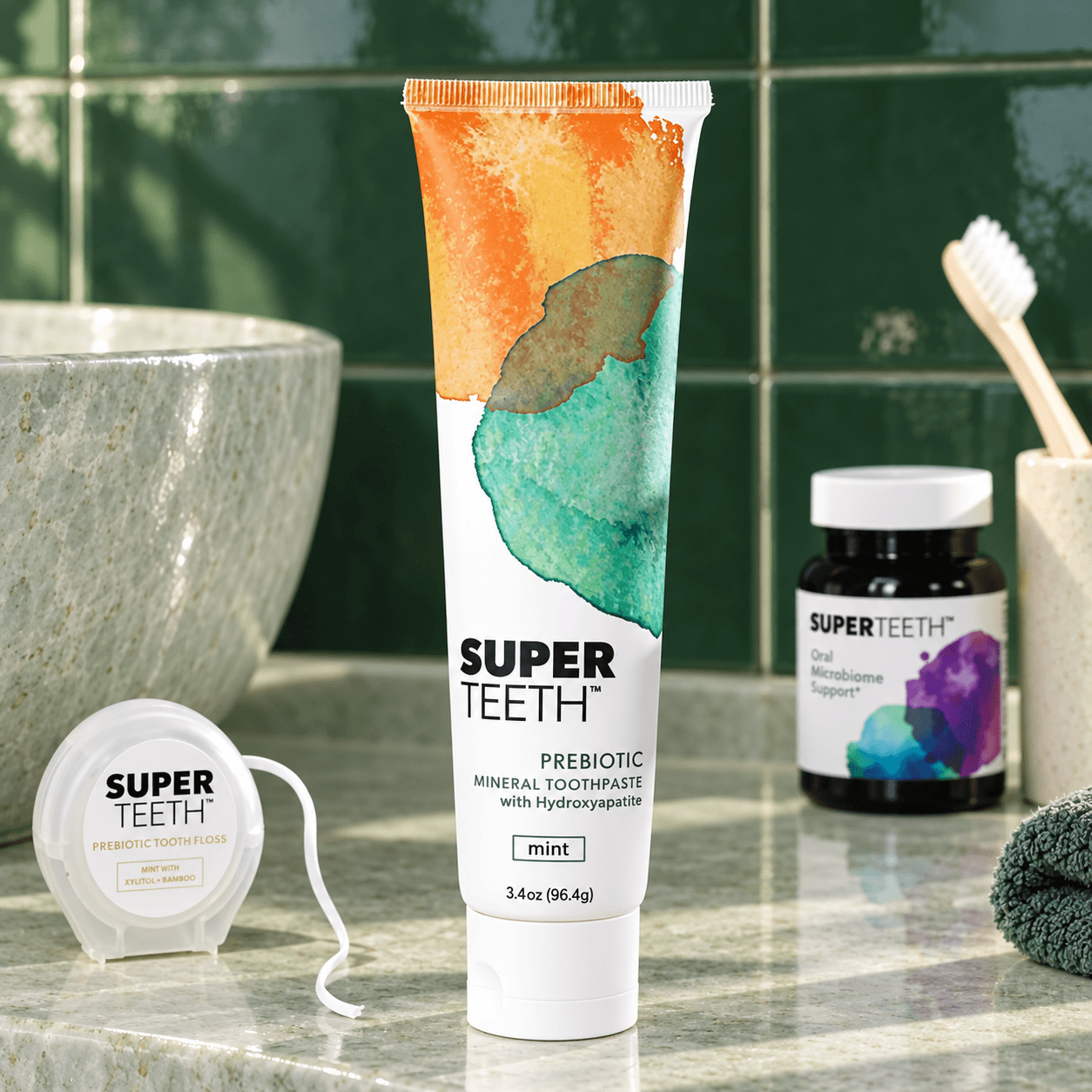 SuperTeeth toothpaste on a bathroom counter