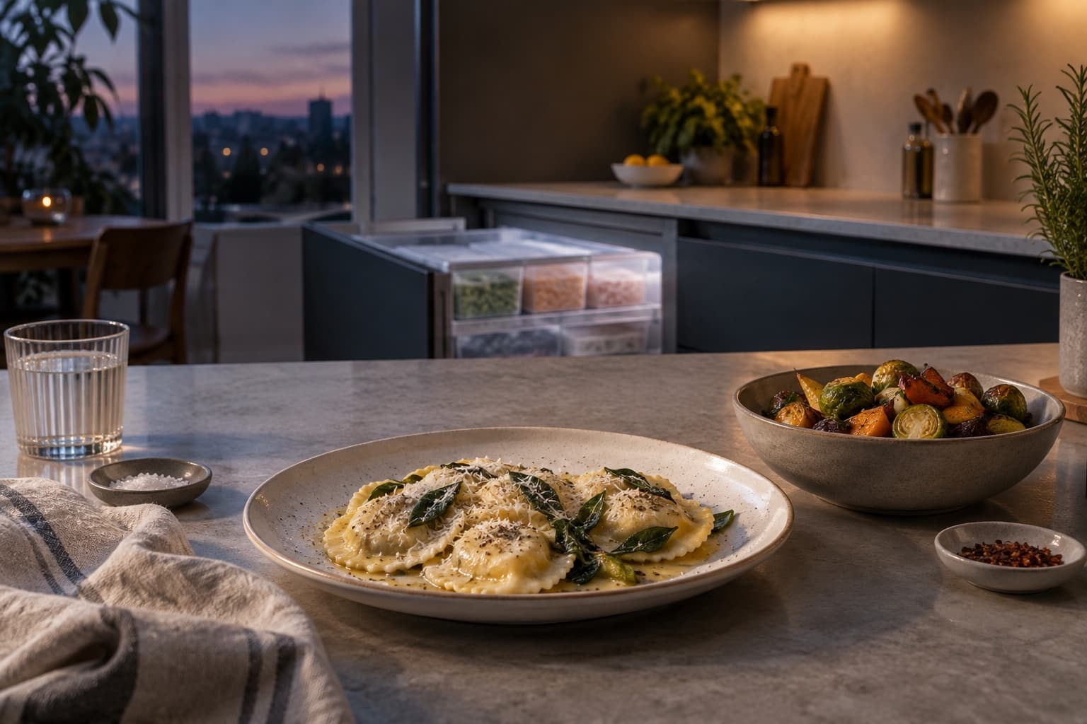 A modern kitchen with an open freezer drawer, plated stuffed pasta, and roasted vegetables