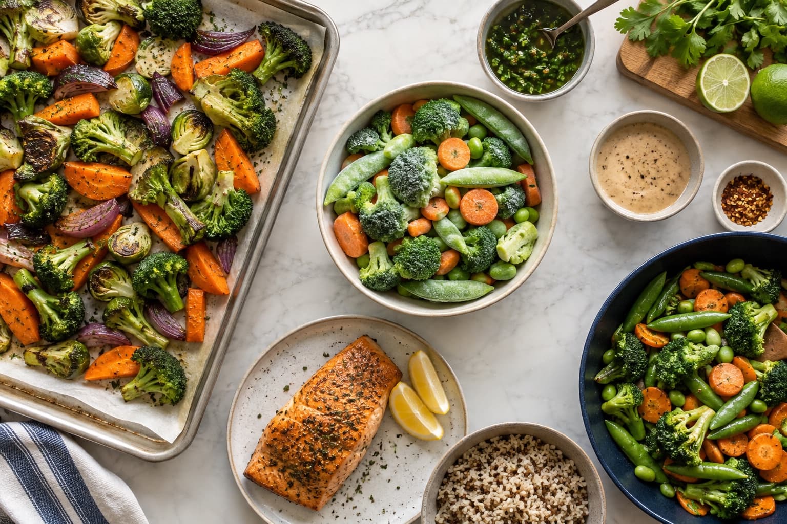 Roasted vegetables, a bowl of frozen vegetables, salmon, and side dishes arranged on a table