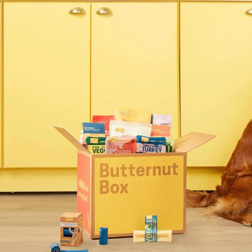 Butternut Box food packaging with two dogs