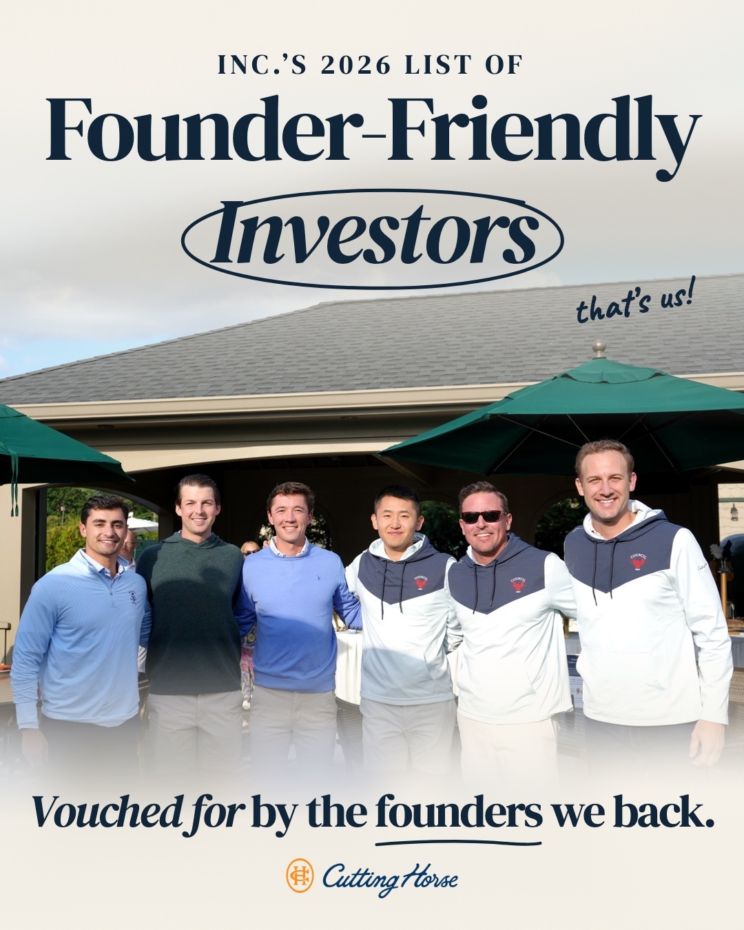 The six-person team together outdoors